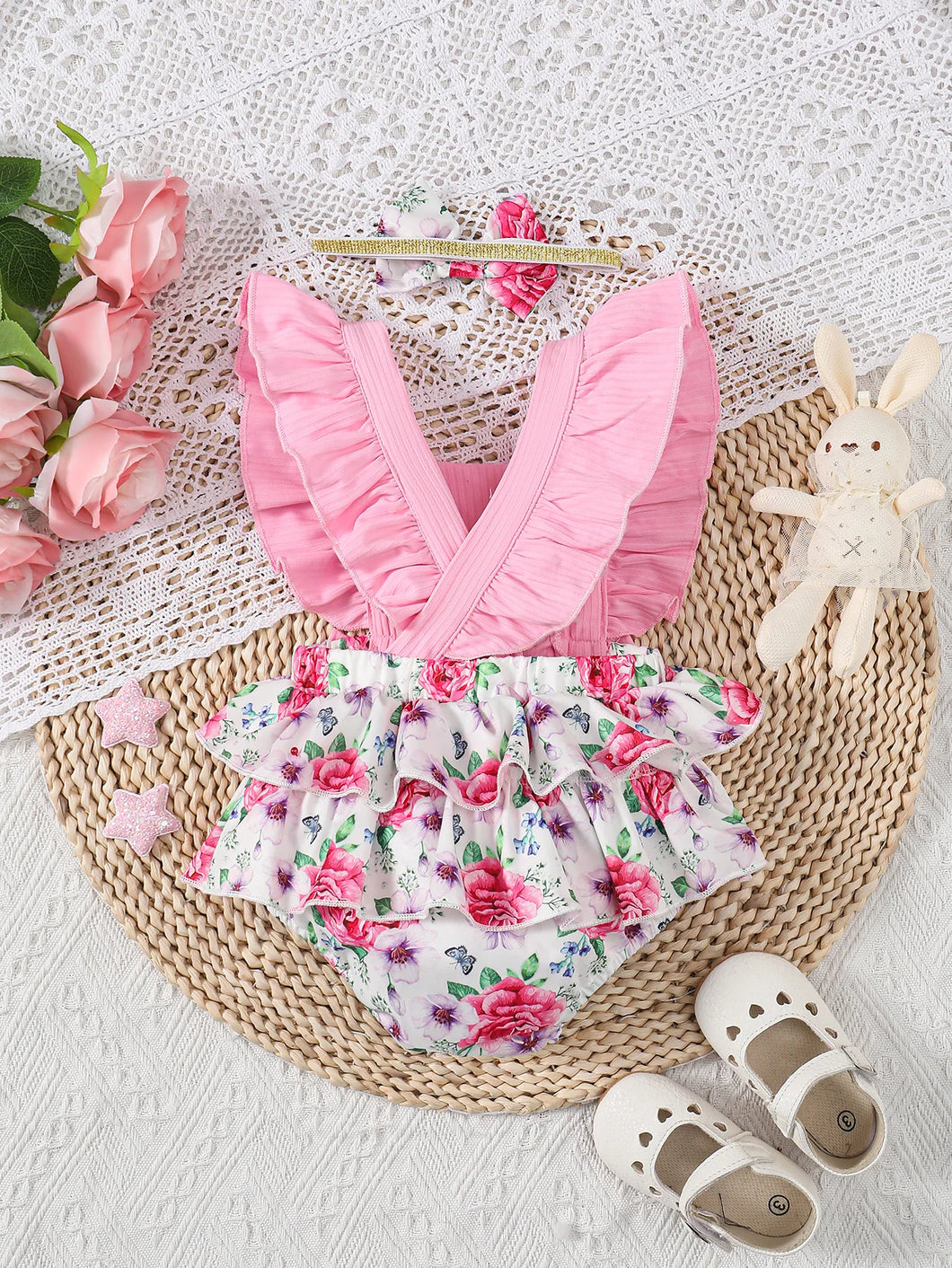 Pink Floral Halter Romper Set