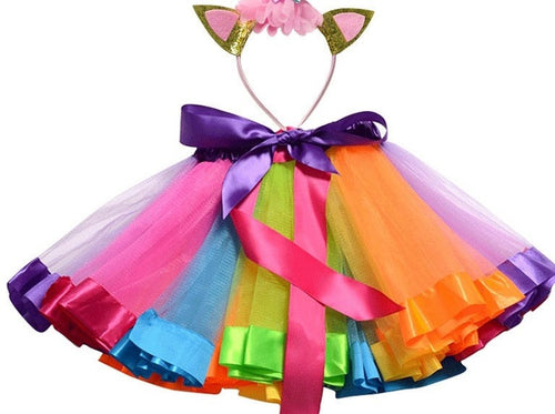 Colorful tutu skirt for baby girls and toddler girls. Pleated and ties at the waist. Elastic waist for a comfortable fit. 